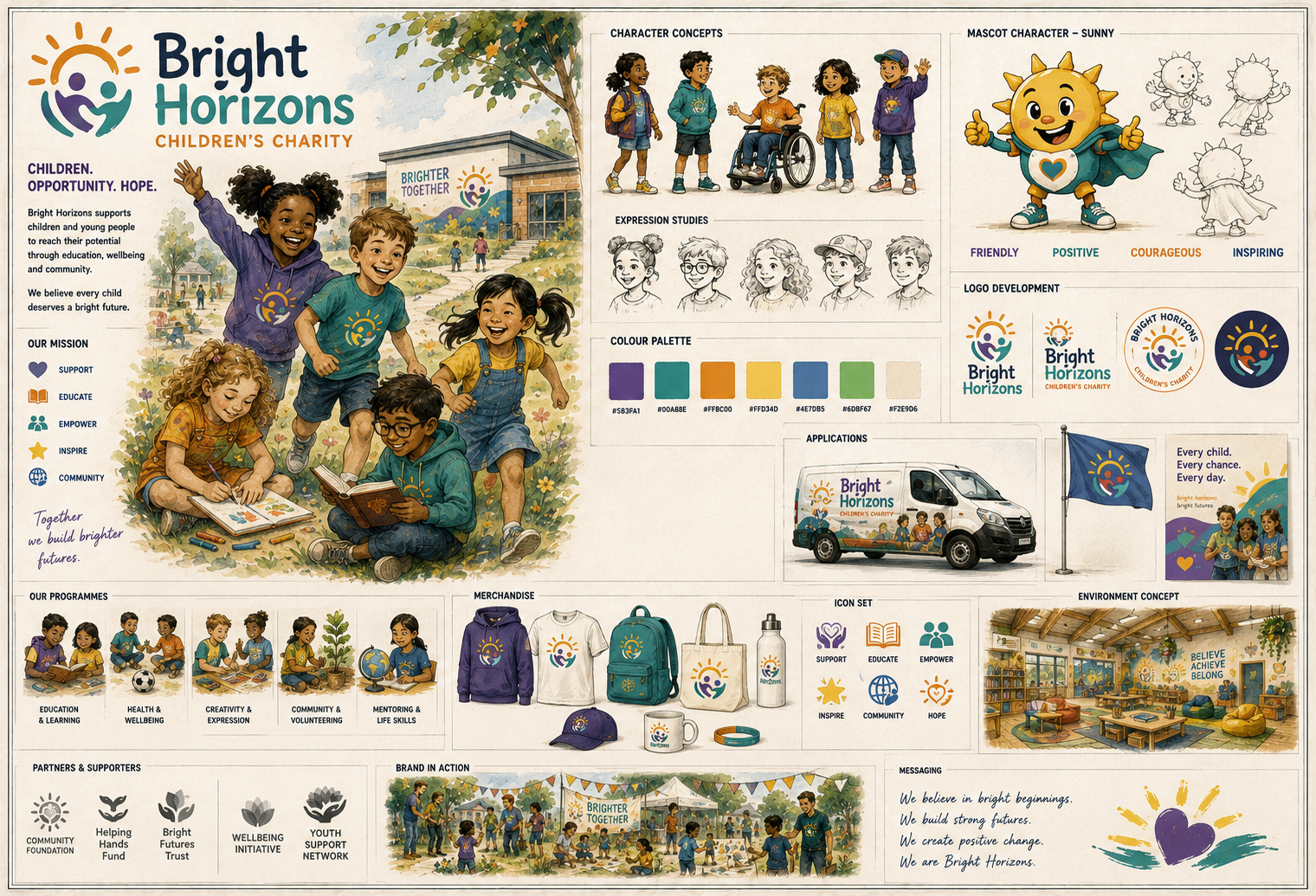 Bright Horizons children’s charity character, mascot and storytelling concept board