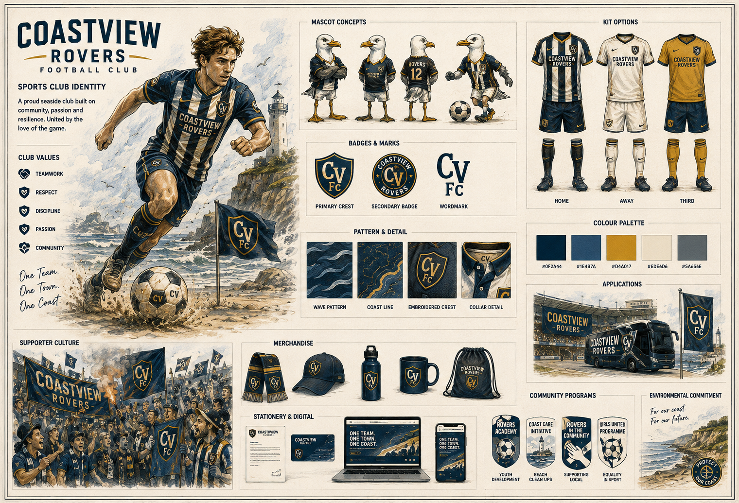 Coastview Rovers sports club identity, mascot and supporter culture concept board
