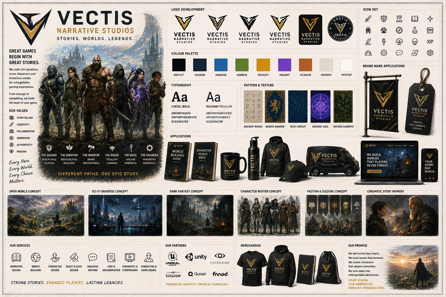 Gaming narrative studio, character archetypes and world-building concept board