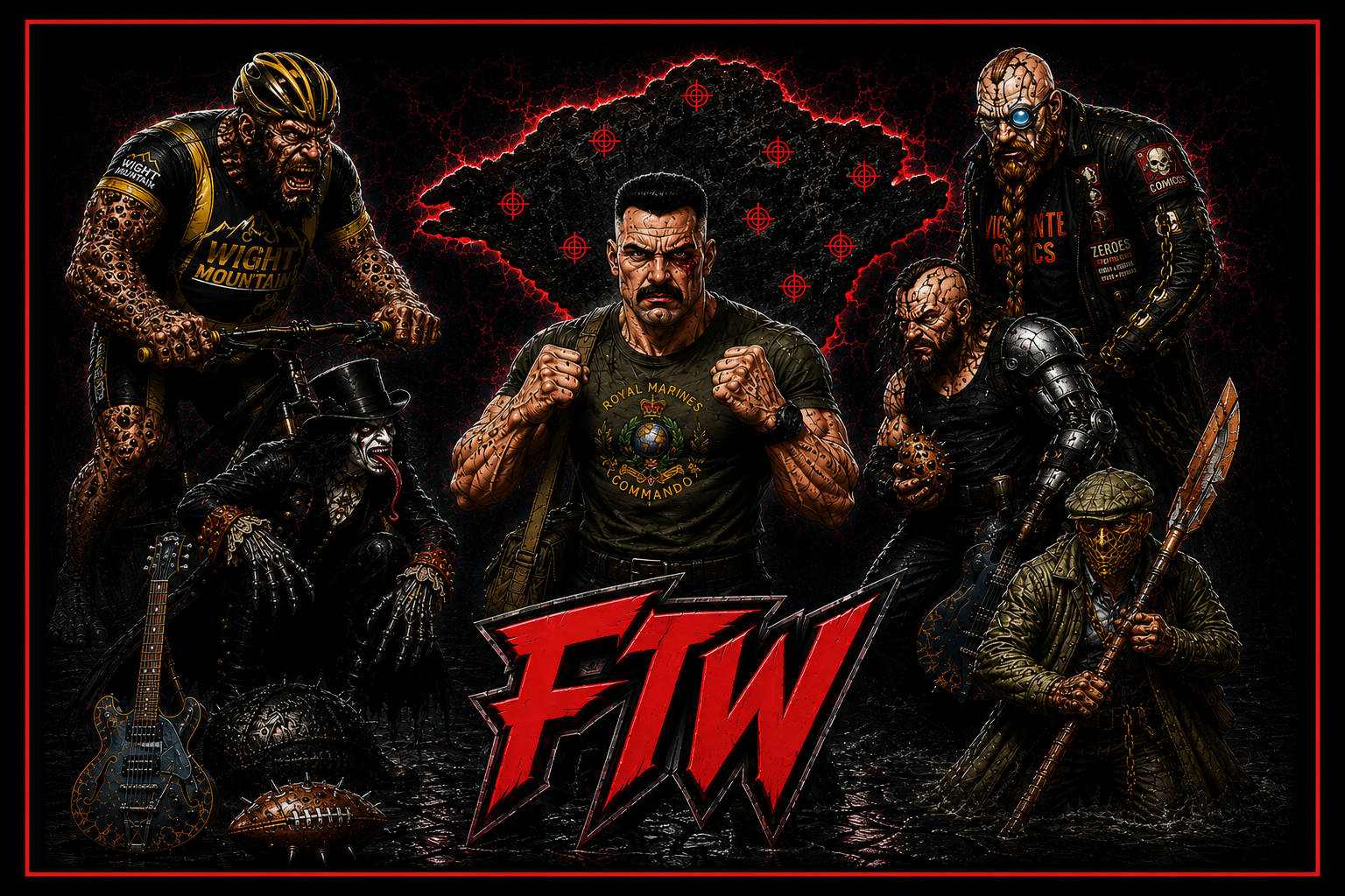 FTW — Royle stands ready to fight before the Isle of Wight, surrounded by the FTW villains