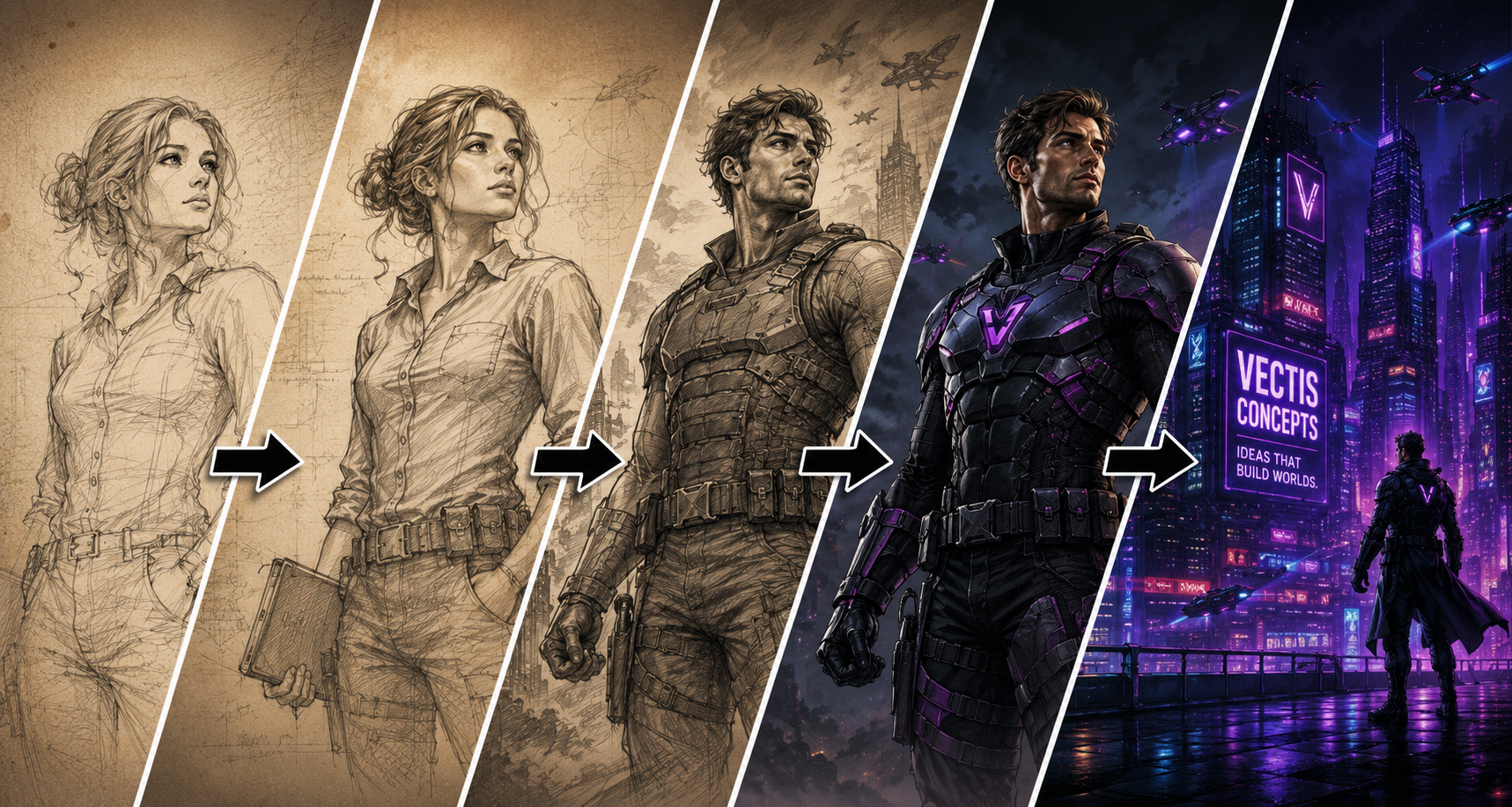 Concept development progressing from early character sketches to a finished armoured character and futuristic city
