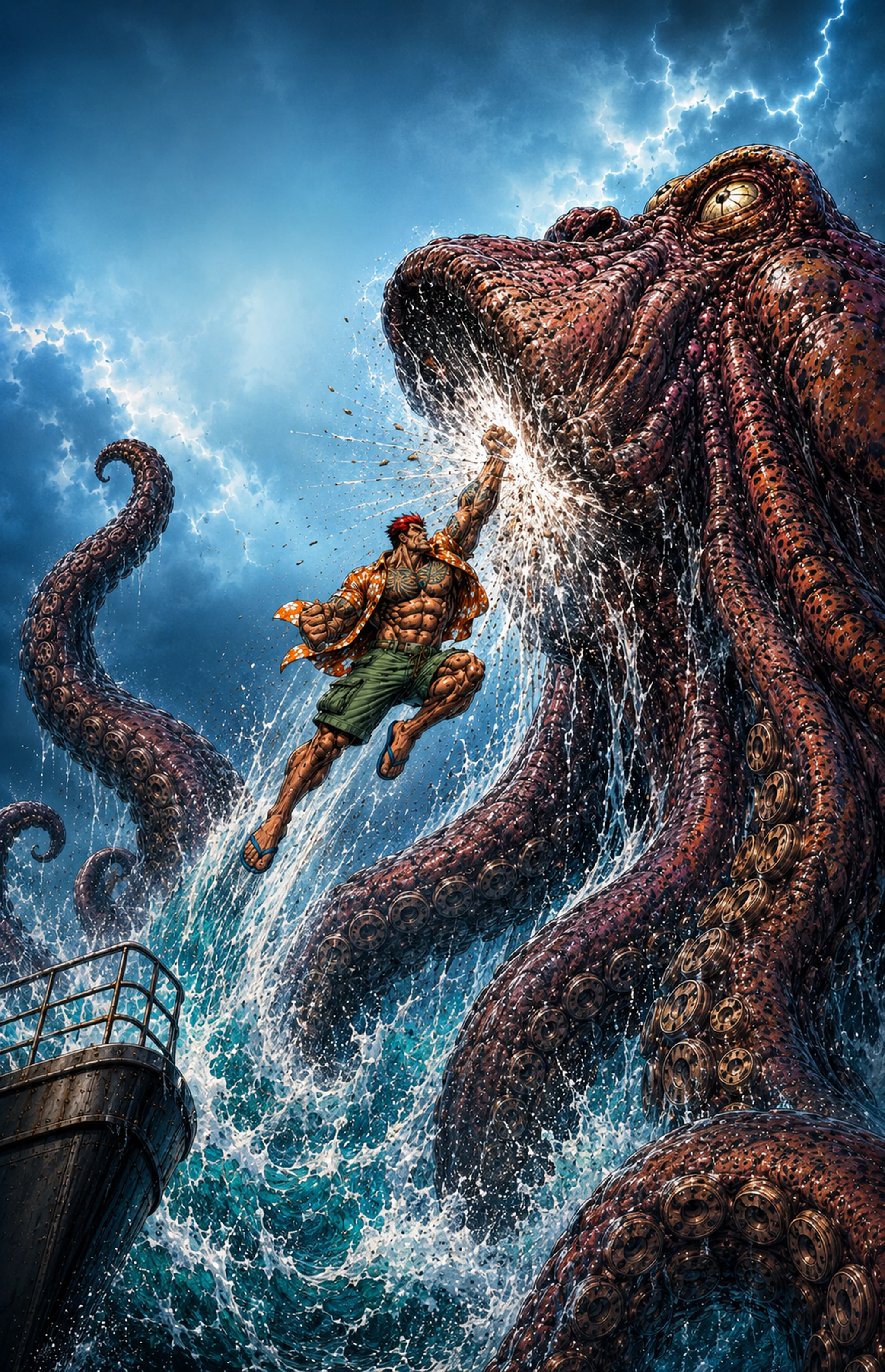 Rip Tidewell launches upward from the Riptide Explorer and delivers a powerful punch beneath a colossal kraken's jaw in stormy seas
