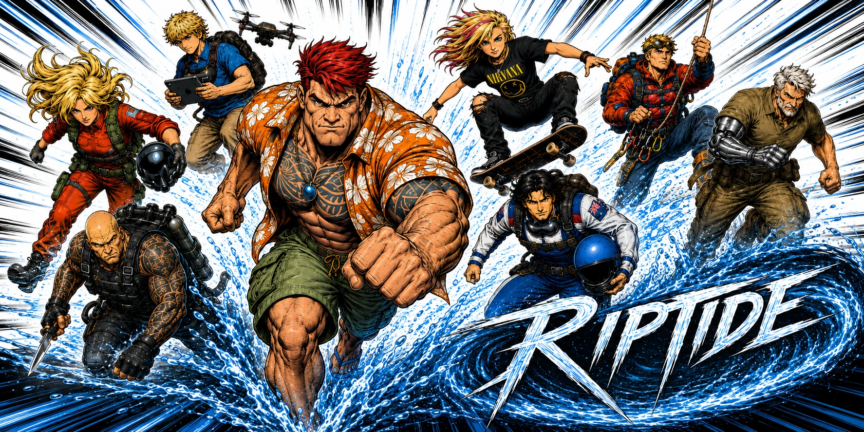 The Riptide adventure team charging through crashing waves, led by Rip Tidewell, with the Riptide logo