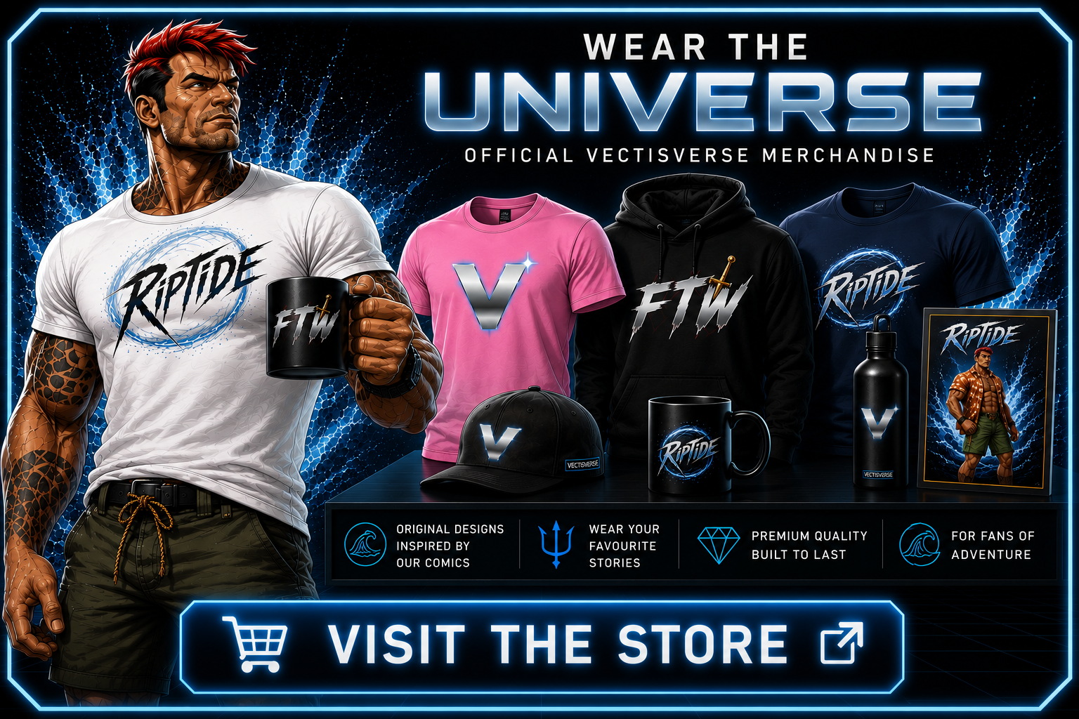 Wear the Universe — official VectisVerse merchandise, featuring Riptide, V and FTW products